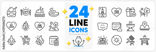 Icons set of One love, Grilled steak and Gas grill line icons pack for app with Smile face, No sun, Mattress thin outline icon. Notification, Grill, Gift pictogram. Baggage calendar. Vector