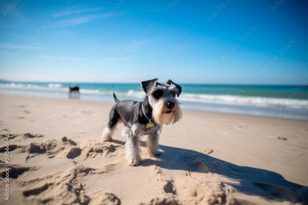 Schnauzer dog on the beach, funny portrait, generativeai