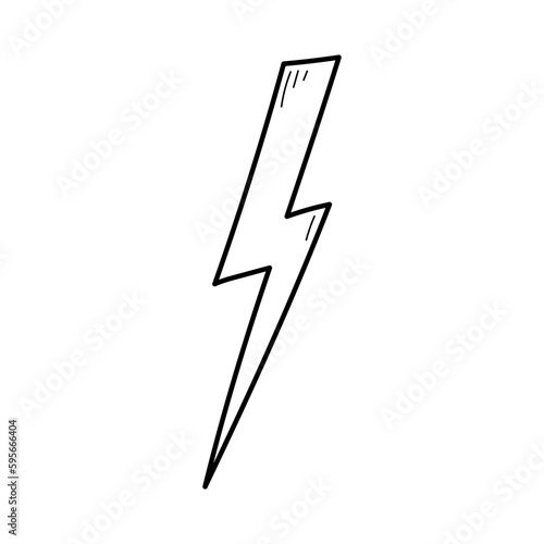 Hand drawn electric lightening element. Comic doodle sketch style. Thunderbolt for flash, energy concept icon. Vector illustration.