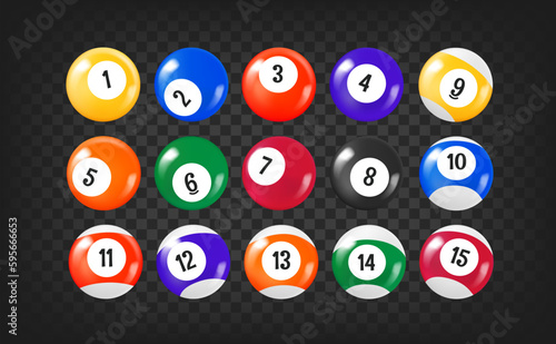 Color billiard balls set. 3d vector clipart isolated on transparent background