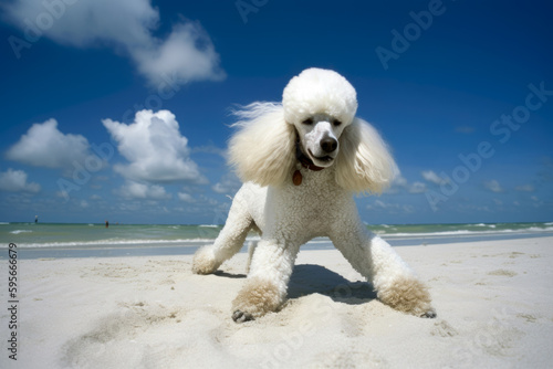 Poodle dog on the beach, funny portrait, generativeai © Joachim