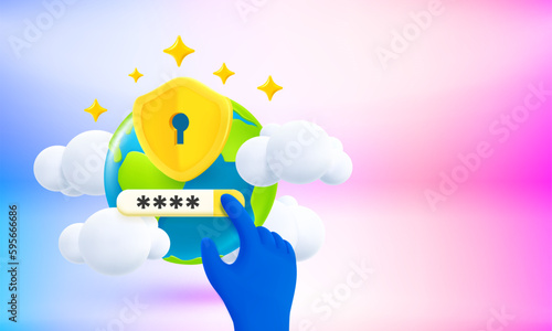 The golden shield with keyhole and password. Global safety concept. 3d vector banner with copy space