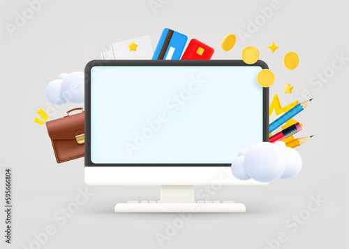 Computer monitor with business elements and blank screen. 3d vector illustration
 