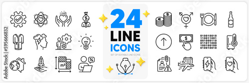 Icons set of Idea, Swipe up and Hold heart line icons pack for app with Work home, Manager, Floor plan thin outline icon. Refrigerator, Dating app, Restaurant food pictogram. Service. Vector