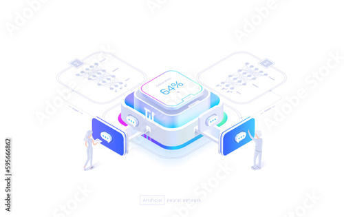 Technologies of neural networks A person uses a neural network. Chat with artificial intelligence, image generation. The structure of the neural network. Isometric image 3d style