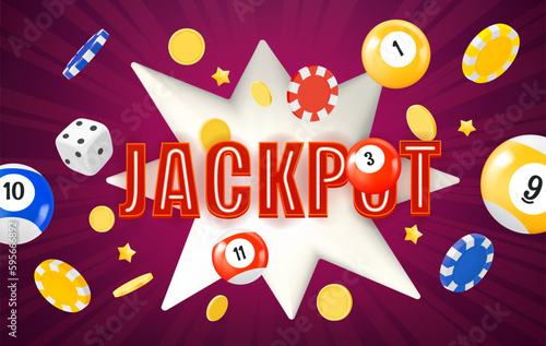 Winning jackpot concept with flying gambling elements. 3d vector illustration