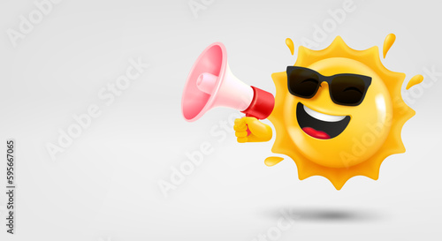 Happy sun emoji with megaphone in a hand. 3d vector banner with copy space