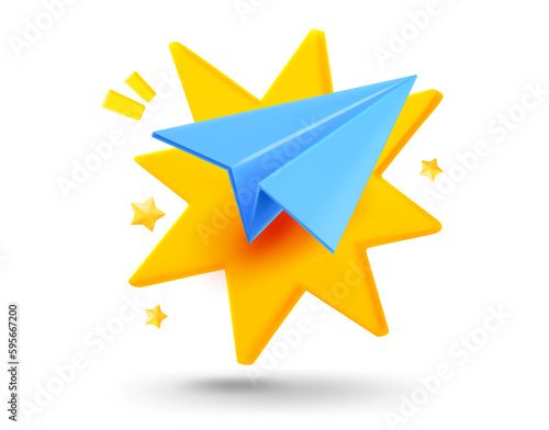 Blue airplane with explosion effect. 3d vector mobile application icon with notification