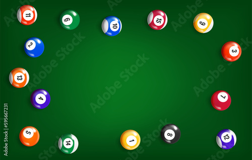 Billiard balls on green table. 3d vector banner with copy space