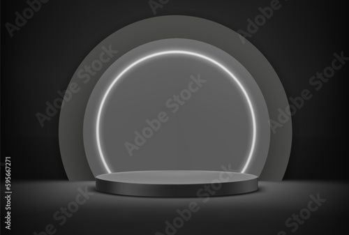 Dark Illuminated stage with white neon lighting 