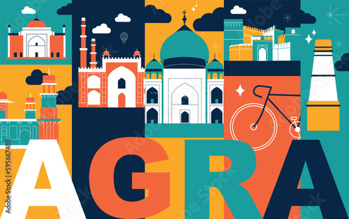 Typography word Agra branding technology concept. Collection of flat vector web icons. Indian culture travel set, architectures, specialties detailed silhouette. Doodle Asian famous landmarks