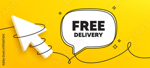 Free delivery tag. Continuous line chat banner. Shipping and cargo service message. Business order icon. Free delivery speech bubble message. Wrapped 3d cursor icon. Vector