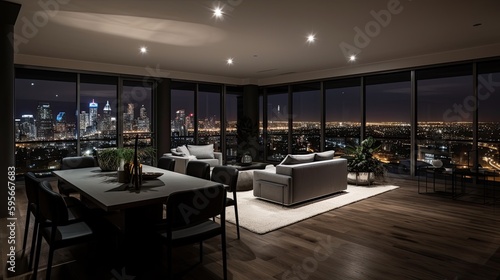Interior luxury apartment penthouse condo. Living room at night with city landscape in floor to ceiling windows.