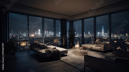 Interior luxury apartment penthouse condo. Living room at night with city landscape in floor to ceiling windows. © Fox Ave Designs