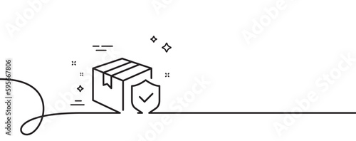 Parcel insurance line icon. Continuous one line with curl. Risk coverage sign. Package delivery protection symbol. Parcel insurance single outline ribbon. Loop curve pattern. Vector