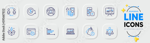 Horizontal chart, Time management and Cyber attack line icons for web app. Pack of Workflow, Creative idea, Web analytics pictogram icons. Ethics, Inflation, Phone app signs. Vector
