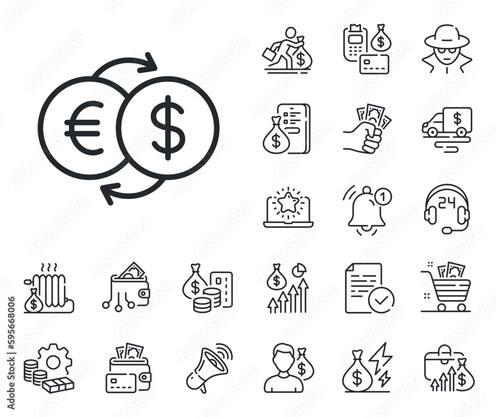 Fototapeta premium Banking currency sign. Cash money, loan and mortgage outline icons. Money exchange line icon. Euro and Dollar Cash transfer symbol. Money exchange line sign. Credit card, crypto wallet icon. Vector