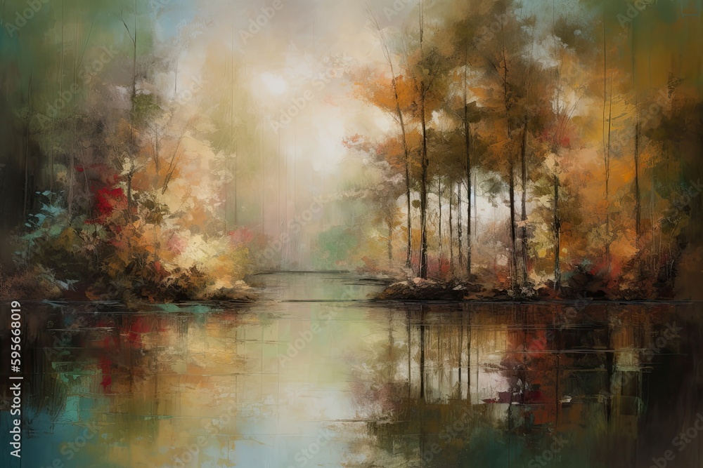 Abstract oil painting autumn landscape. Forest and pond impressionist art. Hazy fall morning. - obrazy, fototapety, plakaty 