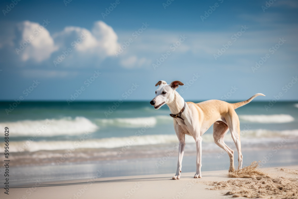 Whippet on the beach, funny sportive portrait, generativeai Whippet on the beach, funny sportive portrait, generativeai