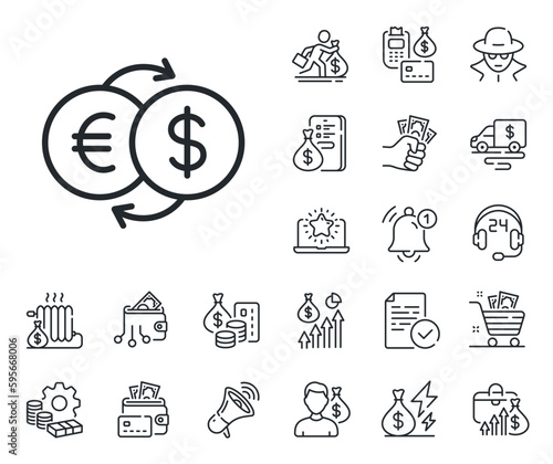 Banking currency sign. Cash money, loan and mortgage outline icons. Money exchange line icon. Euro and Dollar Cash transfer symbol. Money exchange line sign. Credit card, crypto wallet icon. Vector