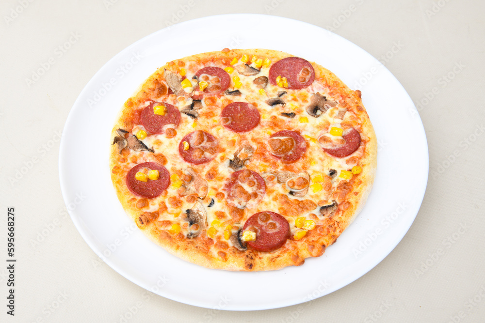 Delicious mixed pizza with rich content. Menu concept of choice and diversity. Karisik pizza Delicious mixed pizza with rich content. Menu concept of choice and diversity. Karisik pizza