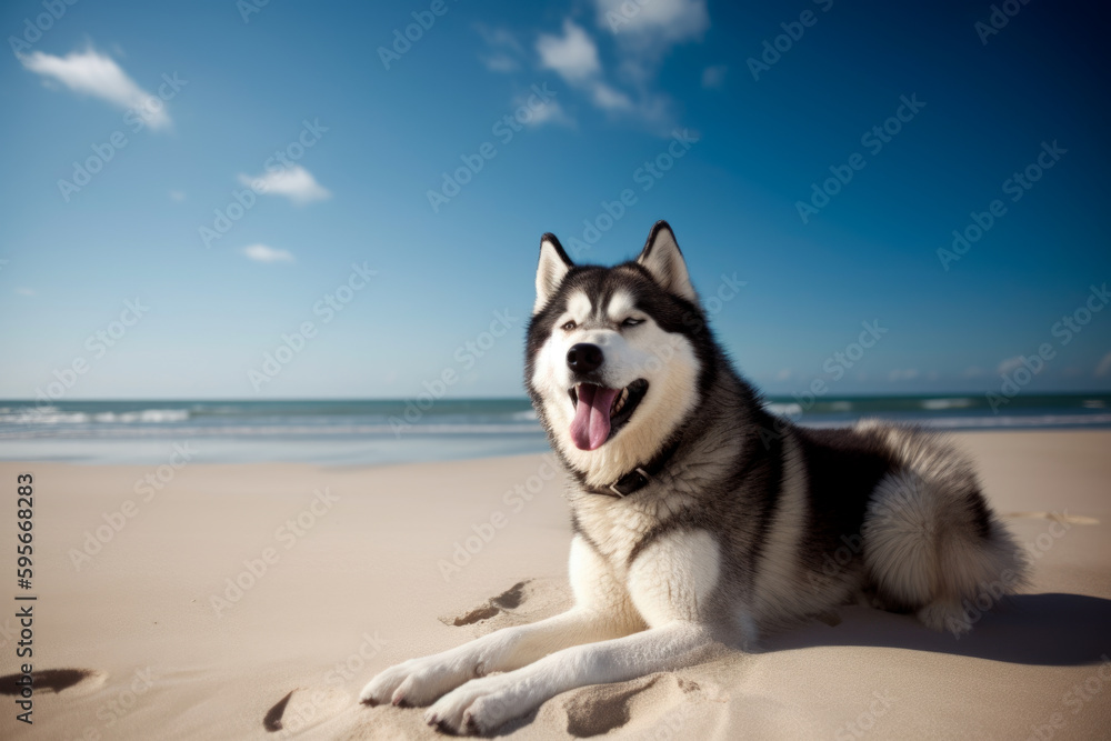 Sled dog on the beach, funny holiday with dog, generativeai Sled dog on the beach, funny holiday with dog, generativeai