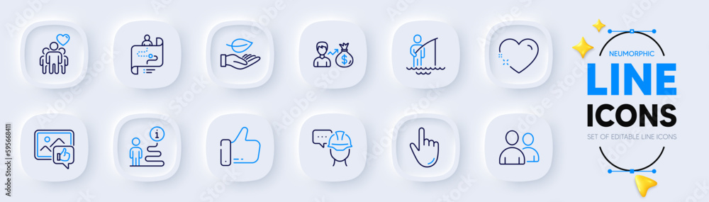 Like photo, Like and Support line icons for web app. Pack of Salary, Leaf, Journey path pictogram icons. Friendship, Cursor, Foreman signs. Fisherman, Users, Heart. Thumbs up, Good reaction. Vector Like photo, Like and Support line icons for web app. Pack of Salary, Leaf, Journey path pictogram icons. Friendship, Cursor, Foreman signs. Fisherman, Users, Heart. Thumbs up, Good reaction. Vector