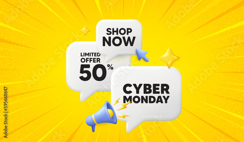 Cyber Monday Sale tag. 3d offer chat speech bubbles. Special offer price sign. Advertising Discounts symbol. Cyber monday speech bubble 3d message. Talk box megaphone banner. Vector