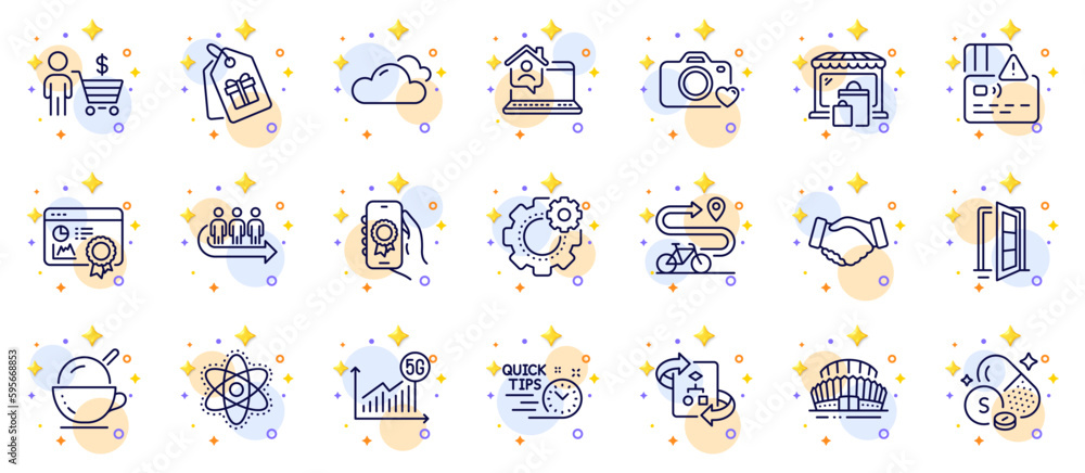 Outline set of Card, Coupons and Buyer line icons for web app. Include Handshake, Chemistry atom, 5g statistics pictogram icons. Technical algorithm, Work home, Sulfur mineral signs. Vector