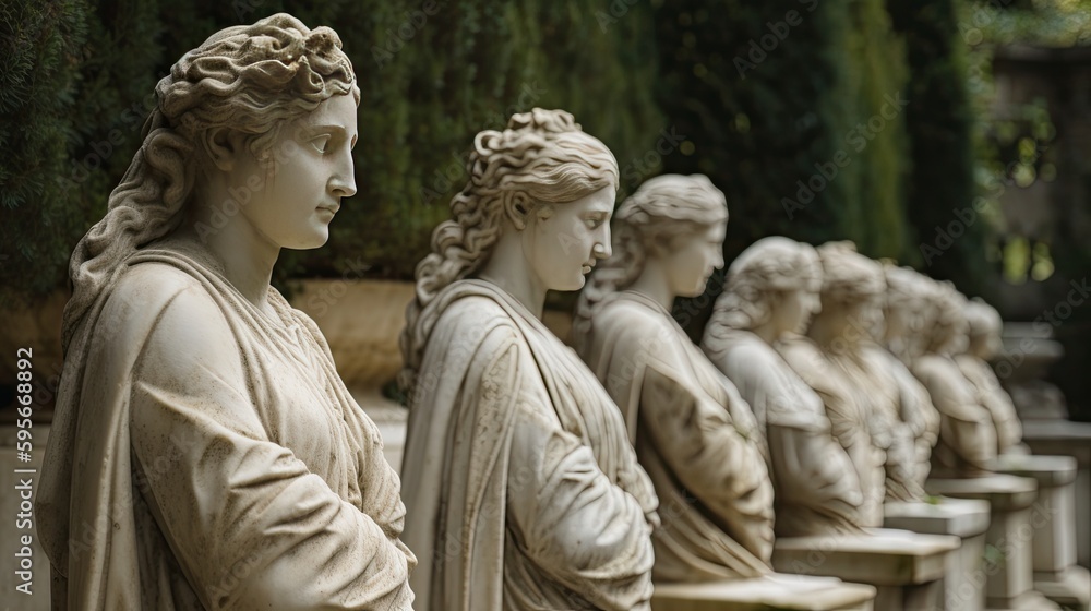 Marble statues in a garden, Greek goddess statues, AI