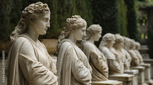 Marble statues in a garden, Greek goddess statues, AI