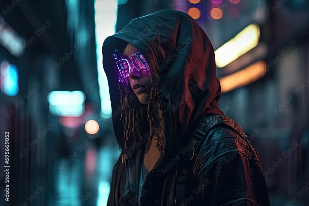 Hooded figure in the streets at night, cyberpunk setting with neon street in the background, AI