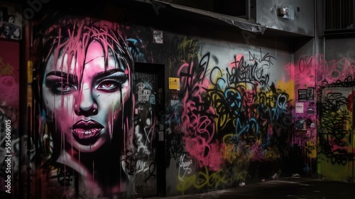graffiti wall art of face and vivid colors in and ally, street art of a woman's face, AI