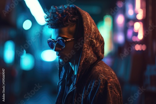 Hooded figure in the streets at night wearing glassed, cyberpunk setting with neon street in the background, AI