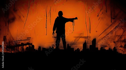 graffiti, silhouette of person with orange background, AI