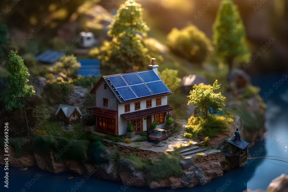 Mini world, model houses with solar panels in a green garden, Generative AI 2