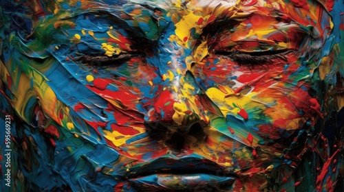 Painted face  colorful with reds  blues and yellows  face paint image  AI