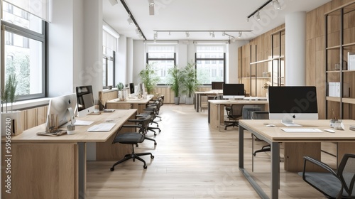 Generic office mockup with desks and chairs, bright interior with plans and computers, AI