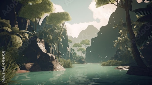 3D rendering of tropical river and cliffs, pirate hideout in the Caribbean, AI