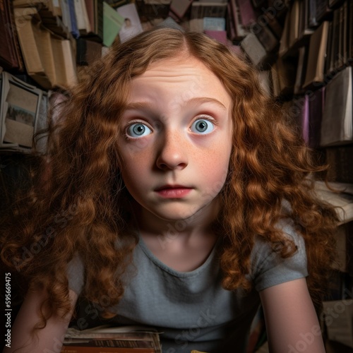 Engulfed in Literature: Desperate redheaded Girl Surrounded by Towering Books
