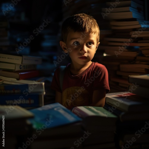 Overwhelmed by Knowledge: Young Boy Surrounded by a Sea of Books