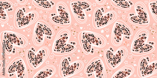Heart signs seamless pattern and stylized leopard pattern inside the heart. Pink concept background Love, beauty, fashion. One continuous line drawing and spots of animal skin.