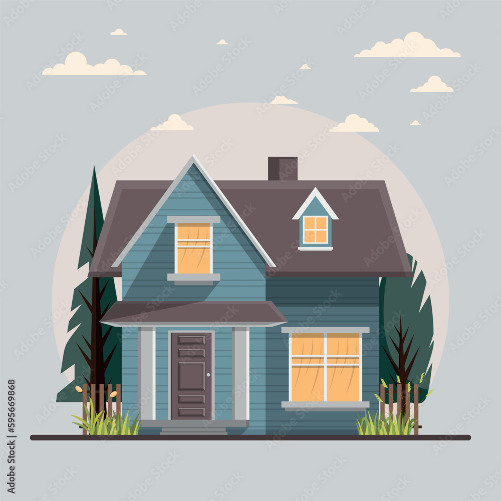 Cartoon house exterior with gray clouded sky Front Home Architecture Concept Flat Design Style.