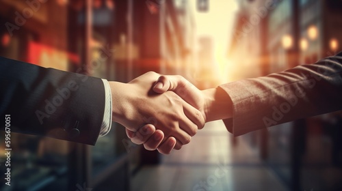 Business people shaking hands realistic blurred background. Al generated