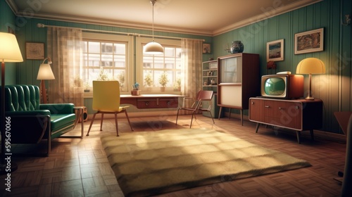 Retro interior design room with beautiful lightning generative ai