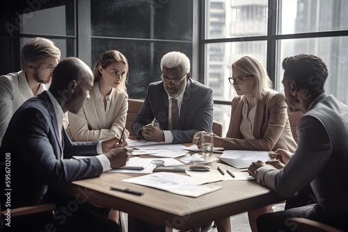 A group of professionals gathered around a conference table, engaged in a discussion. Generative Ai.