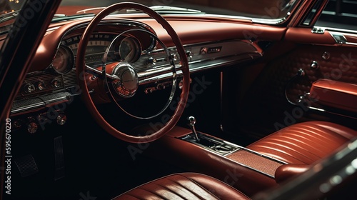 Luxurious leather interior of a retro car control panel. Al generated © ArtStage
