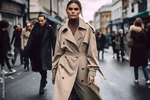A model walking down a busy street in a chic trench coat. Generative Ai.