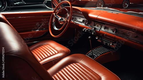 Luxurious leather interior of a retro car control panel. Al generated © ArtStage