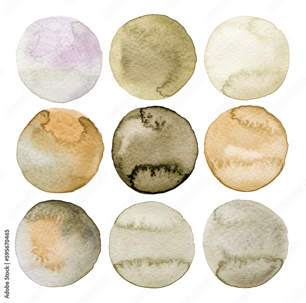 Set Watercolor circle flow painting texture blot dots on white background. Beige, gray, brown color. Set Watercolor circle flow painting texture blot dots on white background. Beige, gray, brown color.